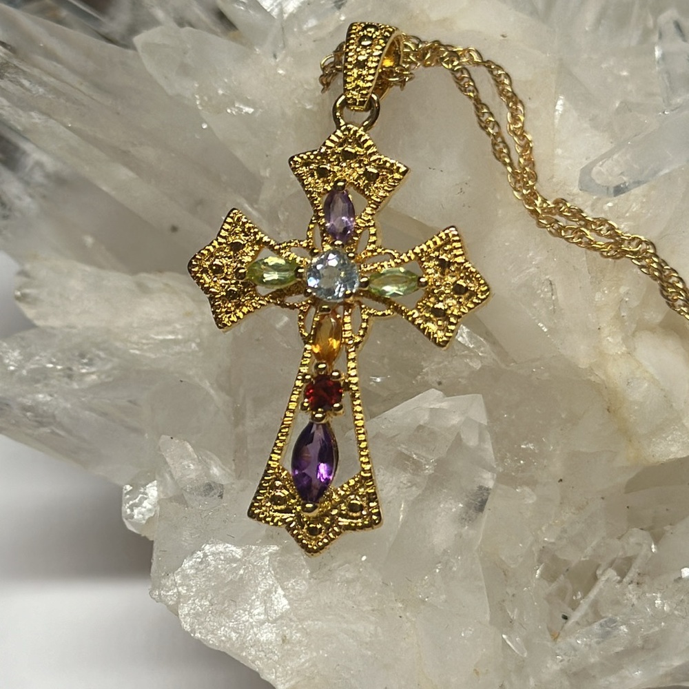 Multi color gemstone ornate cross pendant necklace gold plated